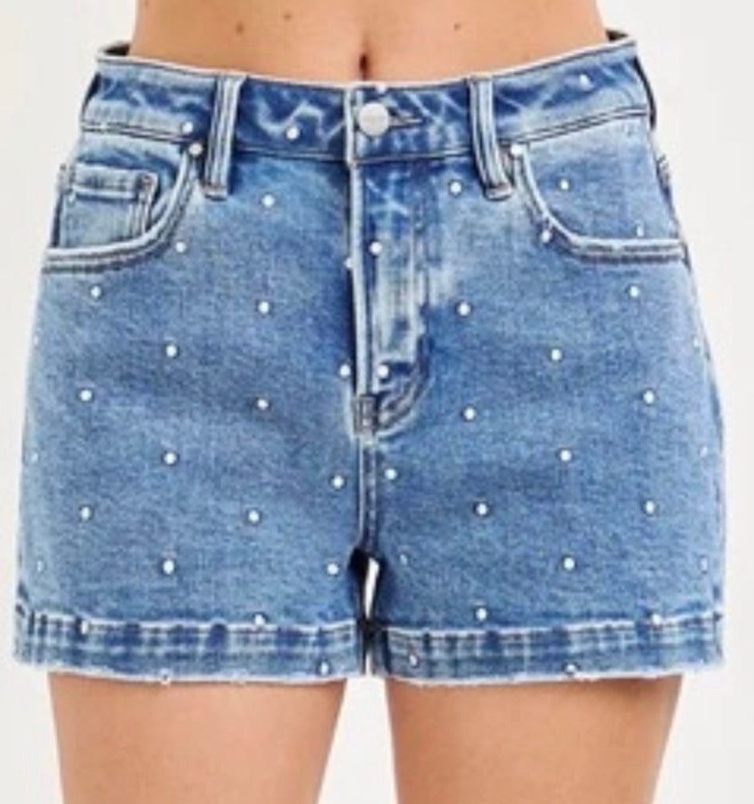 Embroidered Dot Denim Shorts