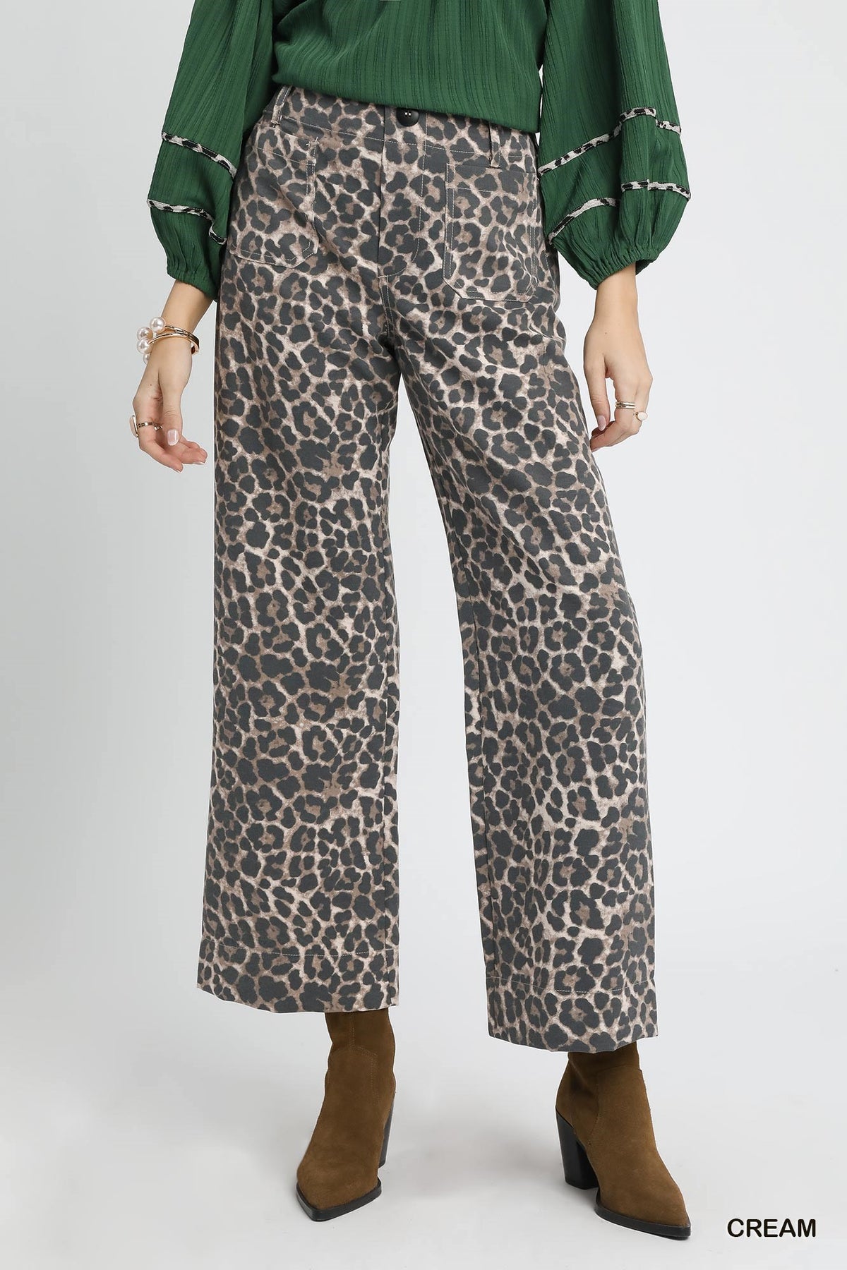 Umgee Animal Print Non- Stretch Wide Leg Pants