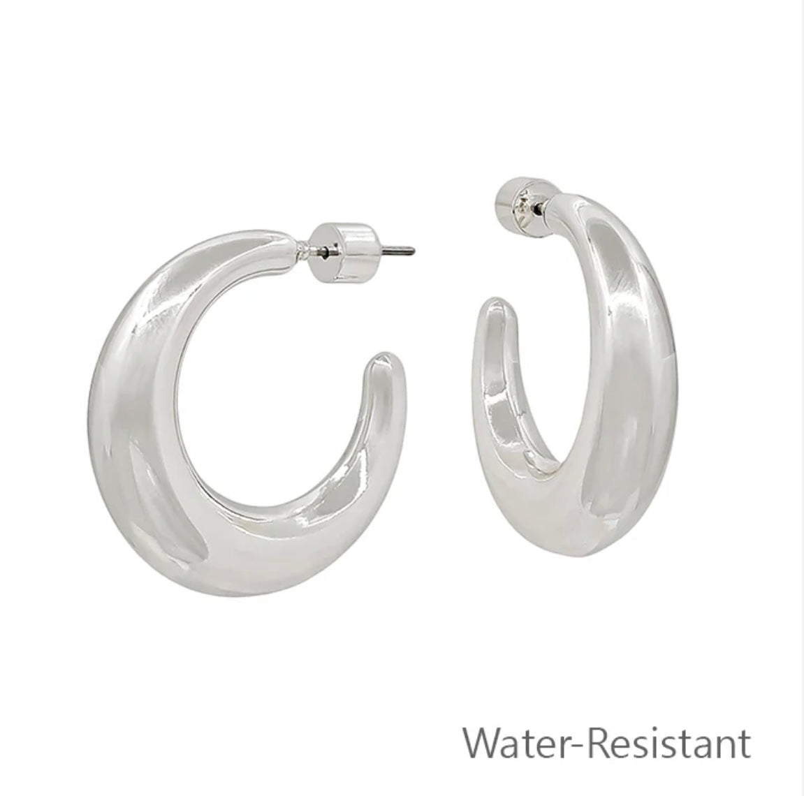 Water Resistant Silver Thick Hoop 1" Earring