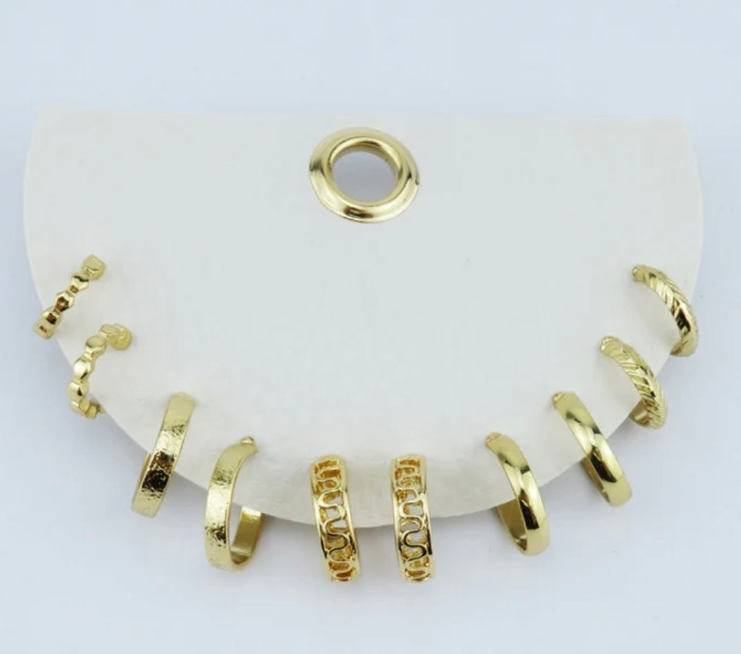 Set of 5 Gold Huggie Hoop Earrings on Leather Card