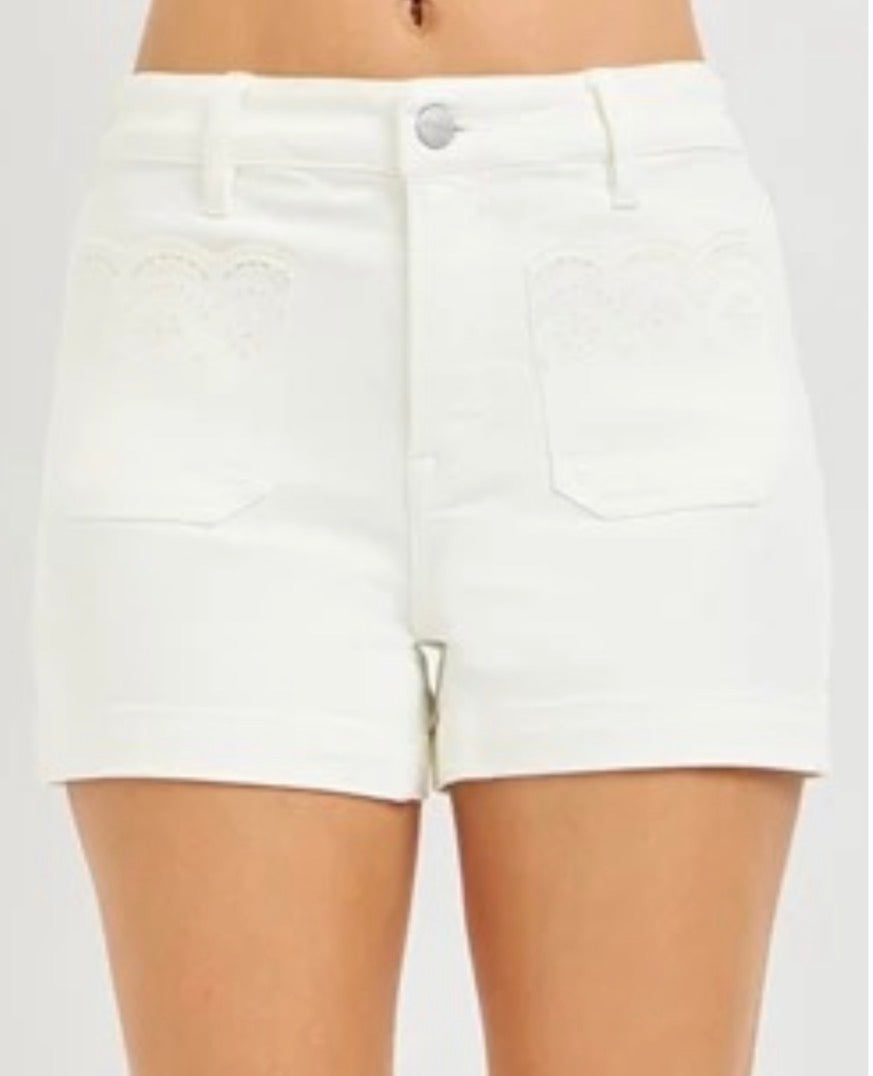 Cream Scallop Pocket Denim Shorts