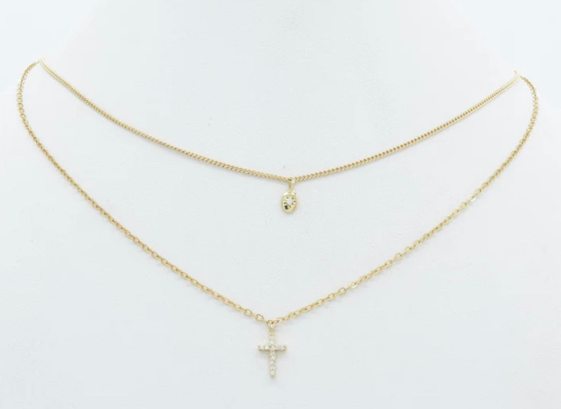 Two Layer Rhinestone Cross and Gold Chain