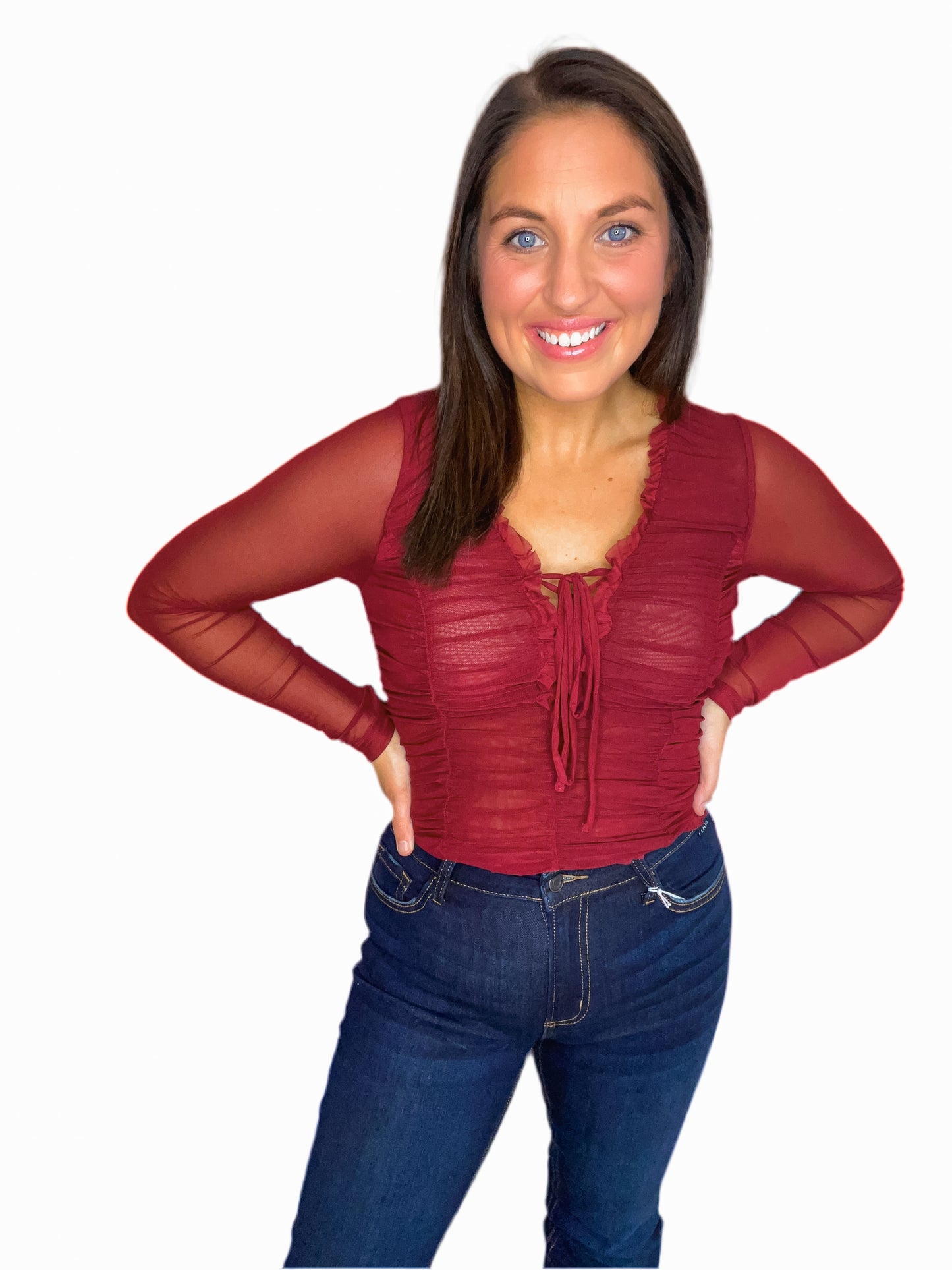 Burgundy Front Tie Mesh Top