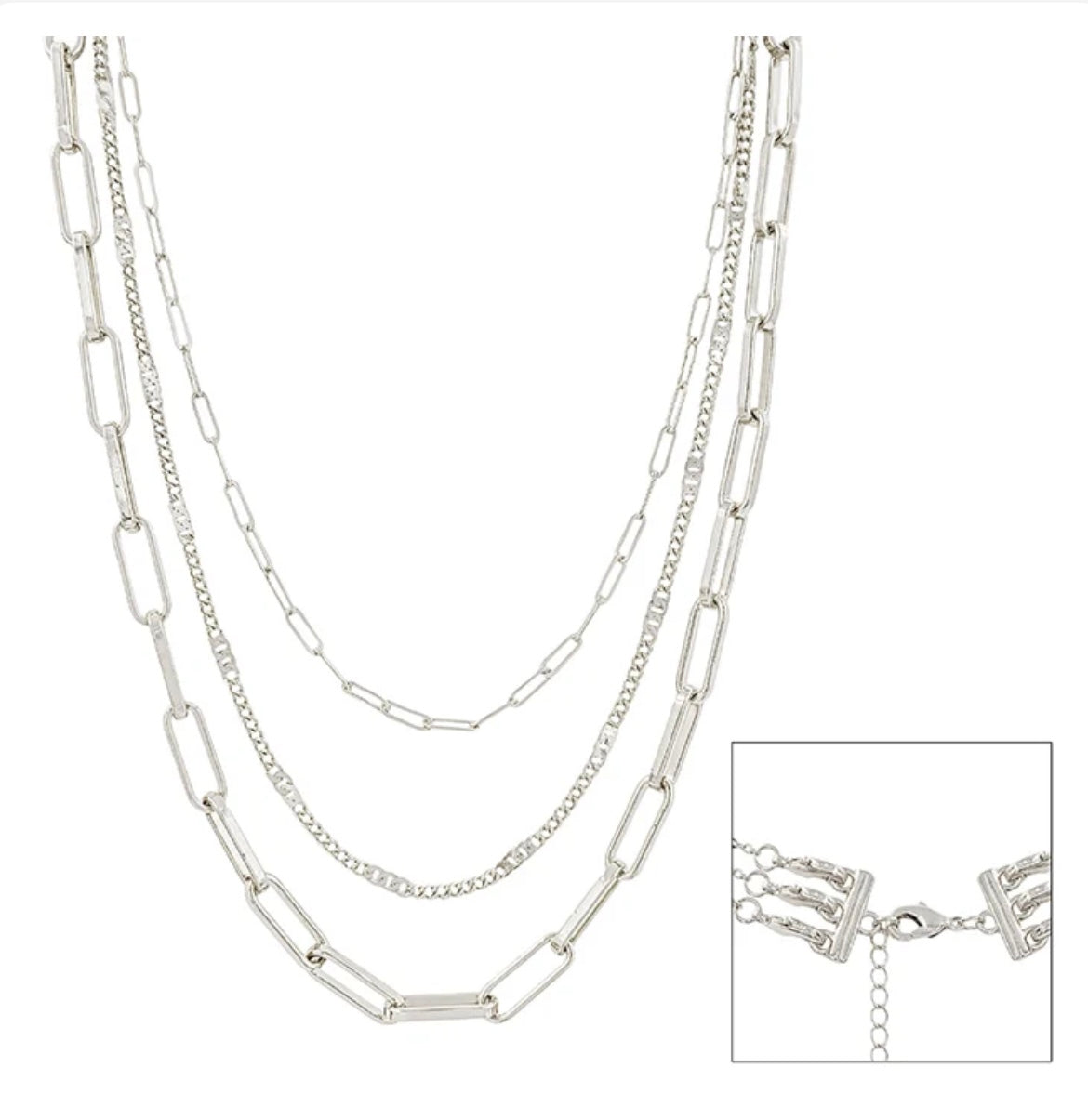 Matte Silver Three Layered 16"-20" Necklace (Multi
Functional 3-way clasp)