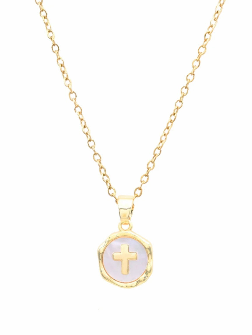 Waterproof Stainless-Steel Gold Chain with Mother of Pearl and Gold Cross 16"-18" Necklace