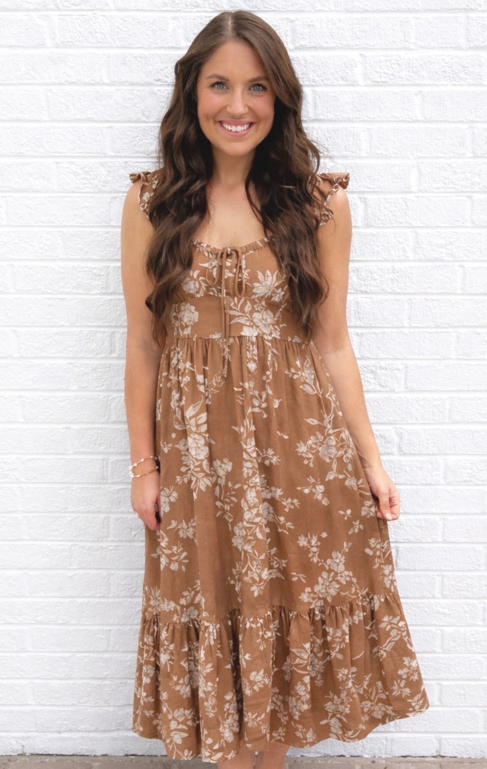 Brown Floral Ruffle Corset Midi