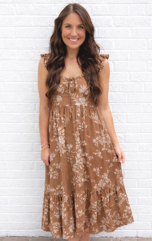 Brown Floral Ruffle Corset Midi