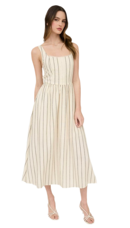 Stripe Front Hook Lace Trim Sleeveless Midi Dress