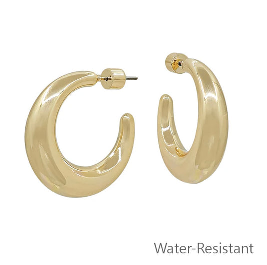 Water Resistant Gold Thick Hoop 1" Earring