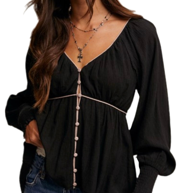 Black Pink Button Blouse
