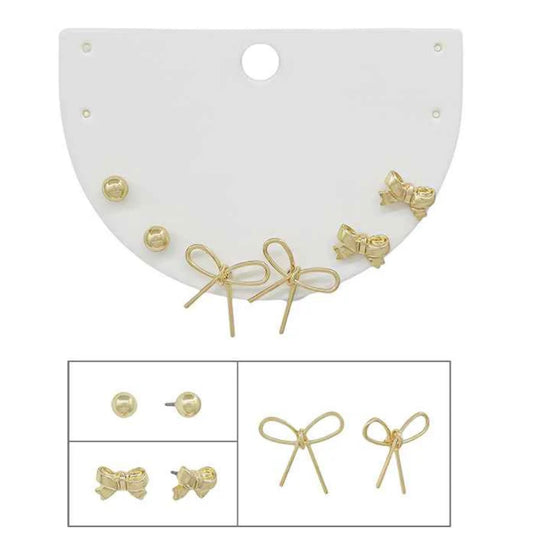 Set of 3 Open Gold Bow and Bow and Stud Earrings