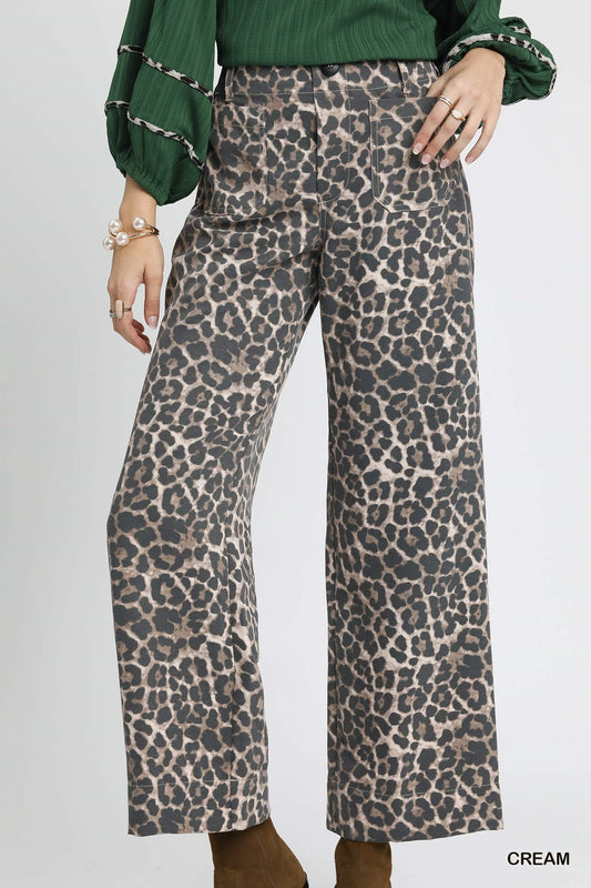 Umgee Animal Print Non- Stretch Wide Leg Pants