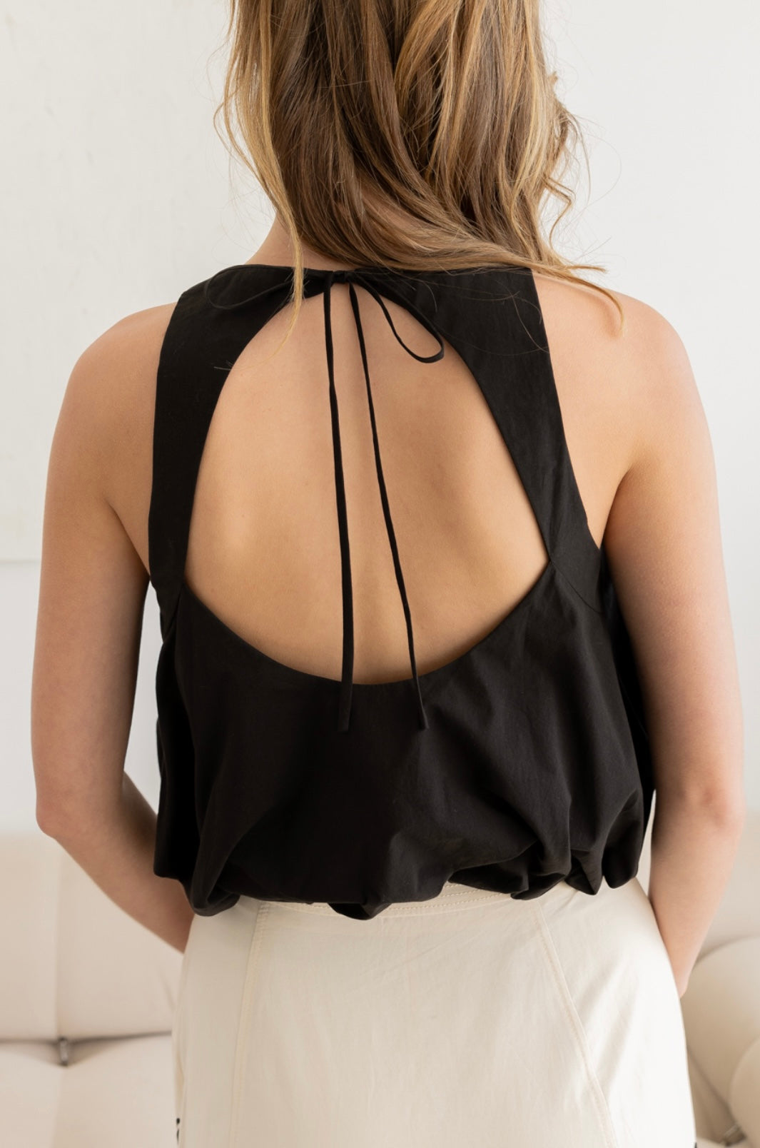Sleeveless Balloon-Style Top with Open Back Tie