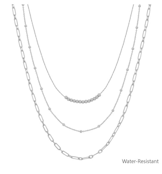 Water Resistant Triple Layered Silver Thin Dotted
Chain 16"-18" Necklace