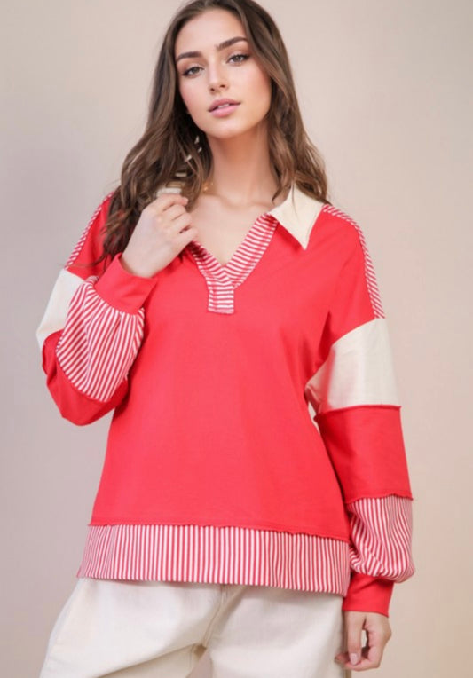 Red Collared Color-block Sweater