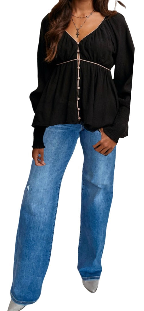 Black Pink Button Blouse