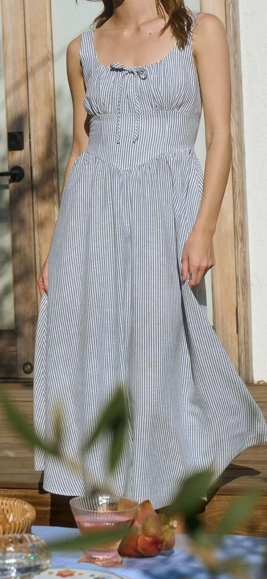 STRIPE SLEEVELESS CORSET DETAIL MIDI DRESS