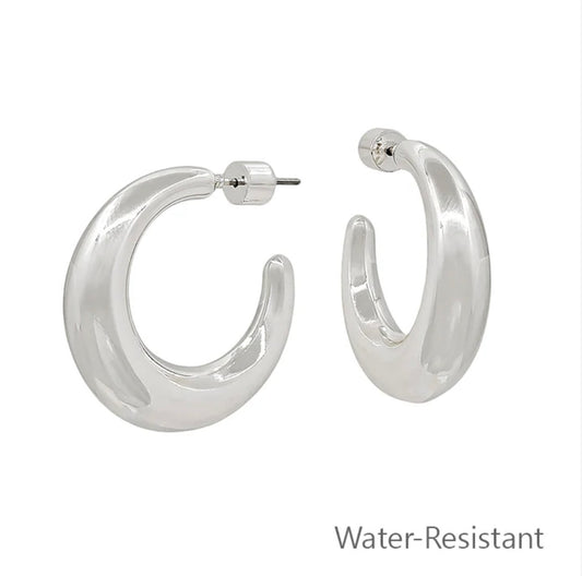 Water Resistant Silver Thick Hoop 1" Earring