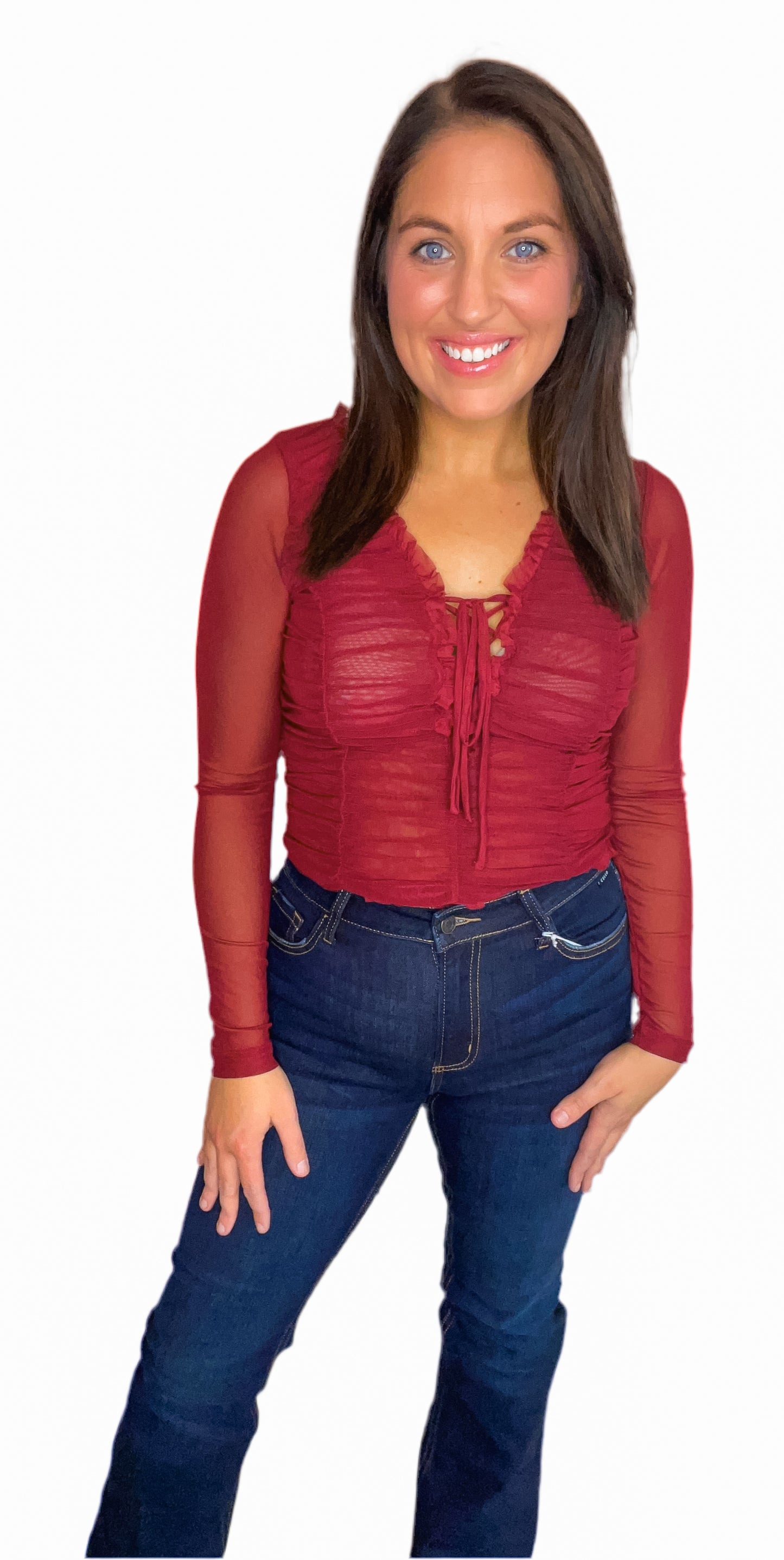 Burgundy Front Tie Mesh Top