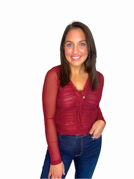Burgundy Front Tie Mesh Top
