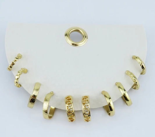 Set of 5 Gold Huggie Hoop Earrings on Leather Card