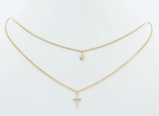 Two Layer Rhinestone Cross and Gold Chain