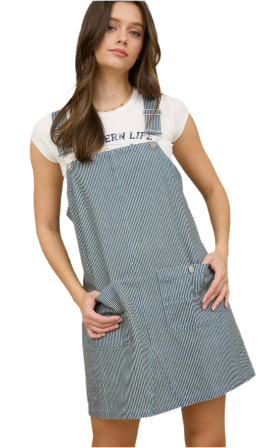 Denim White Stripe Overall Mini