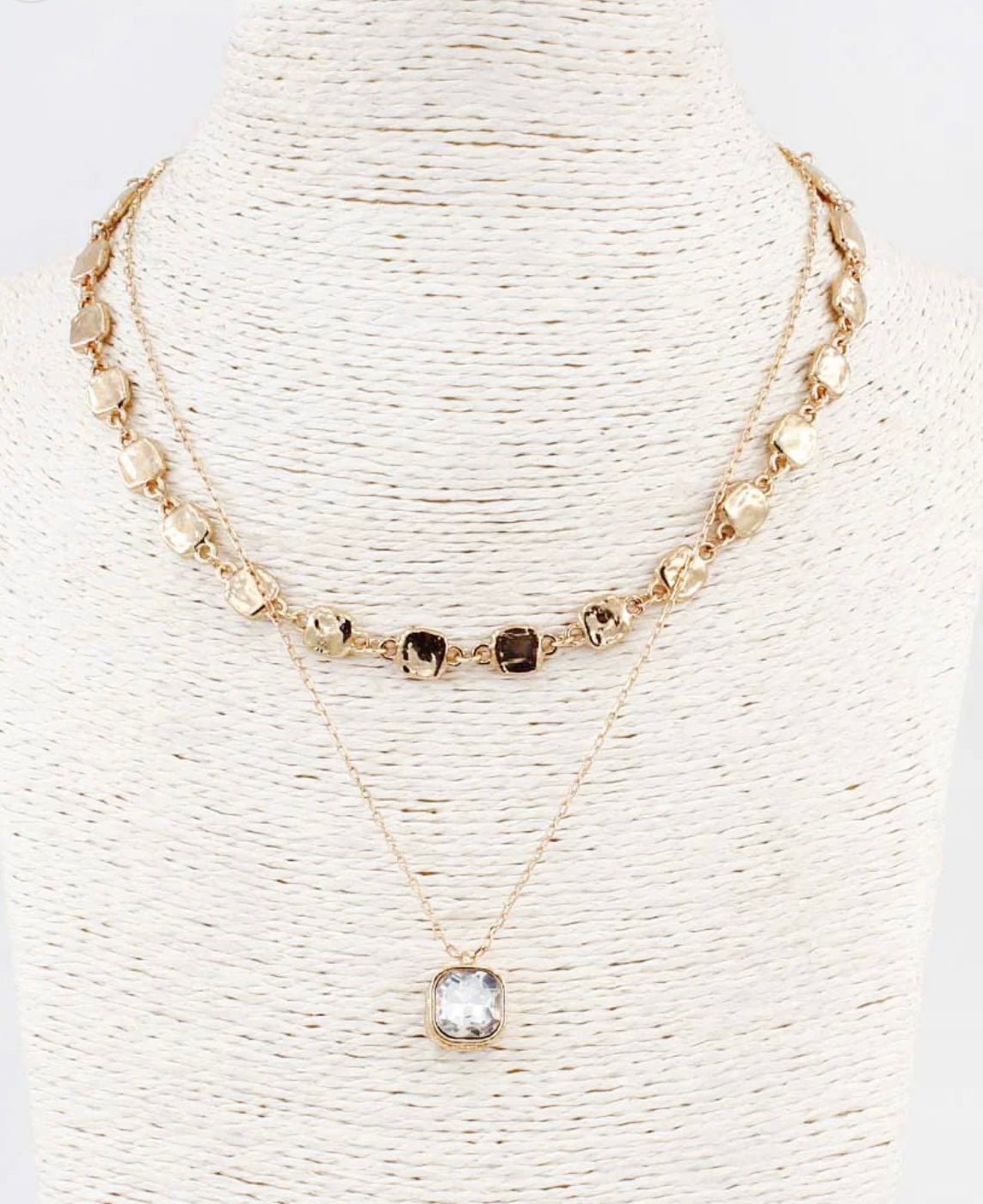 Two Layered Hammered Square with Clear Crystal Drop 16"-18" Necklace