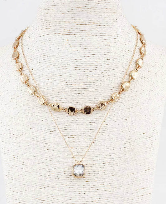 Two Layered Hammered Square with Clear Crystal Drop 16"-18" Necklace