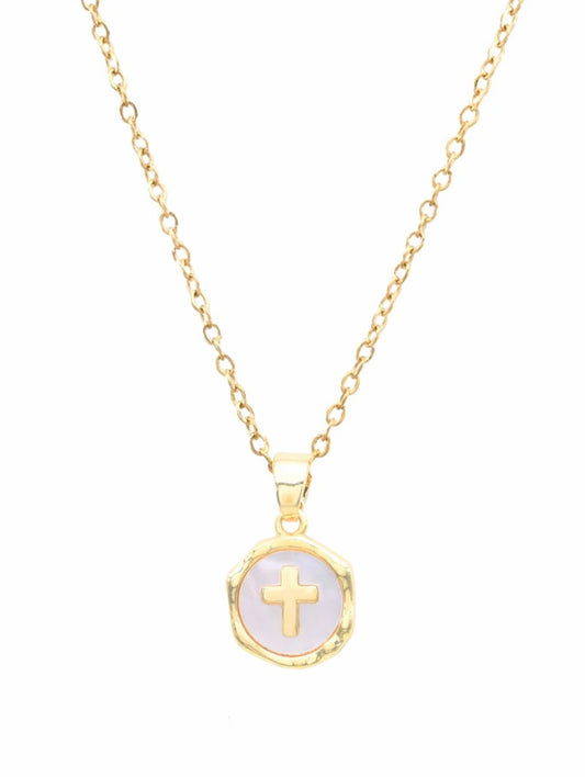 Waterproof Stainless-Steel Gold Chain with Mother of Pearl and Gold Cross 16"-18" Necklace