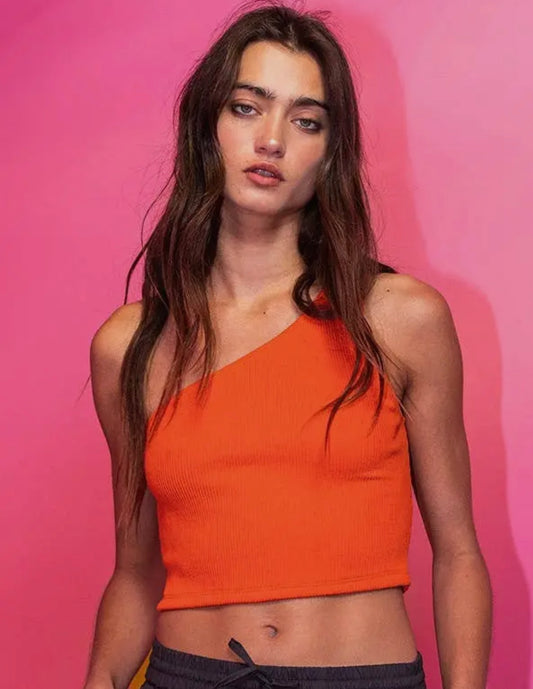 Orange Ribbed One Shoulder Crop Top