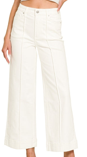 High rise wide leg pintuck white denim pants