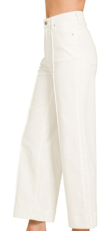 High rise wide leg pintuck white denim pants