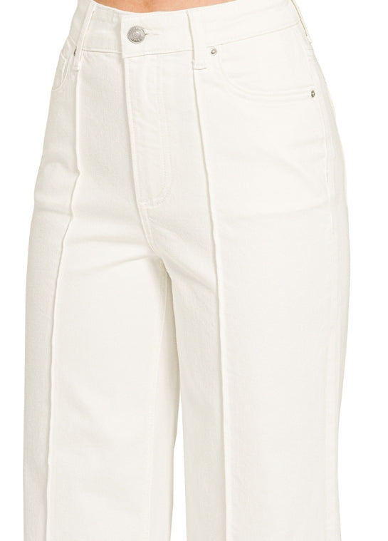 High rise wide leg pintuck white denim pants