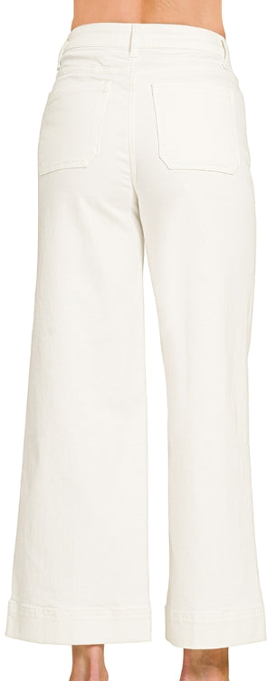 High rise wide leg pintuck white denim pants