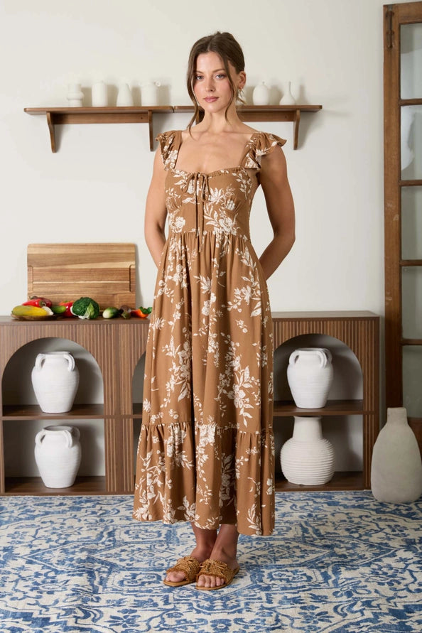 Brown Floral Ruffle Corset Midi